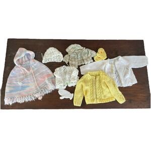 Vintage Baby Crochet Knit Cardigan Sweater Poncho Lot Mitten 60s Cottage Granny
